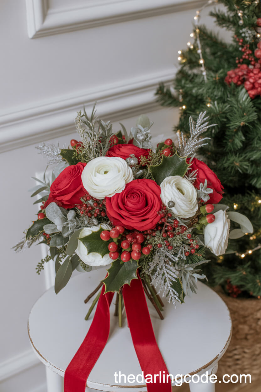 Festive Holiday Bouquet with Red Roses and Holly Berries