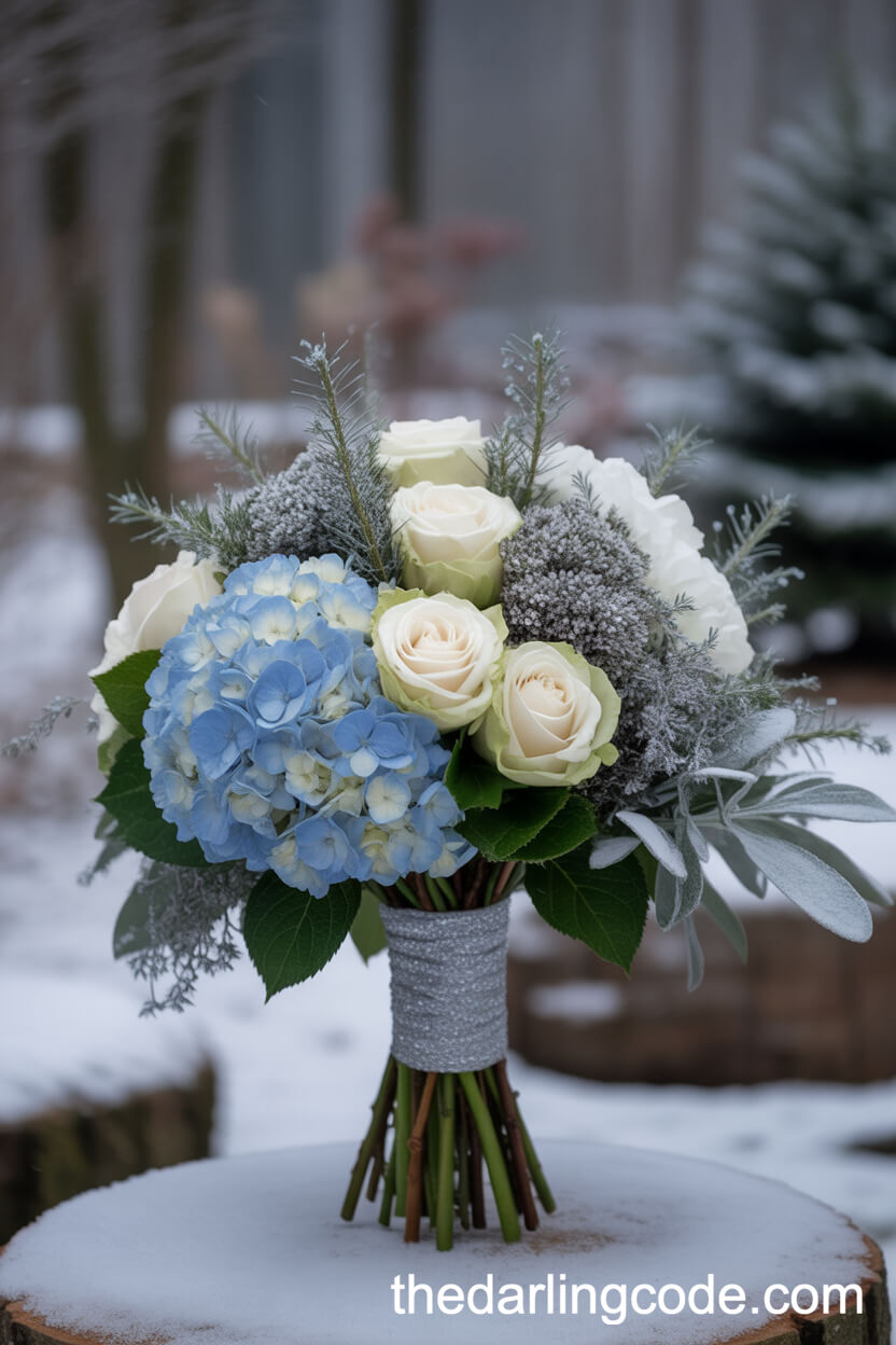 Chic Blue and White Hydrangea Winter Wedding Bouquet