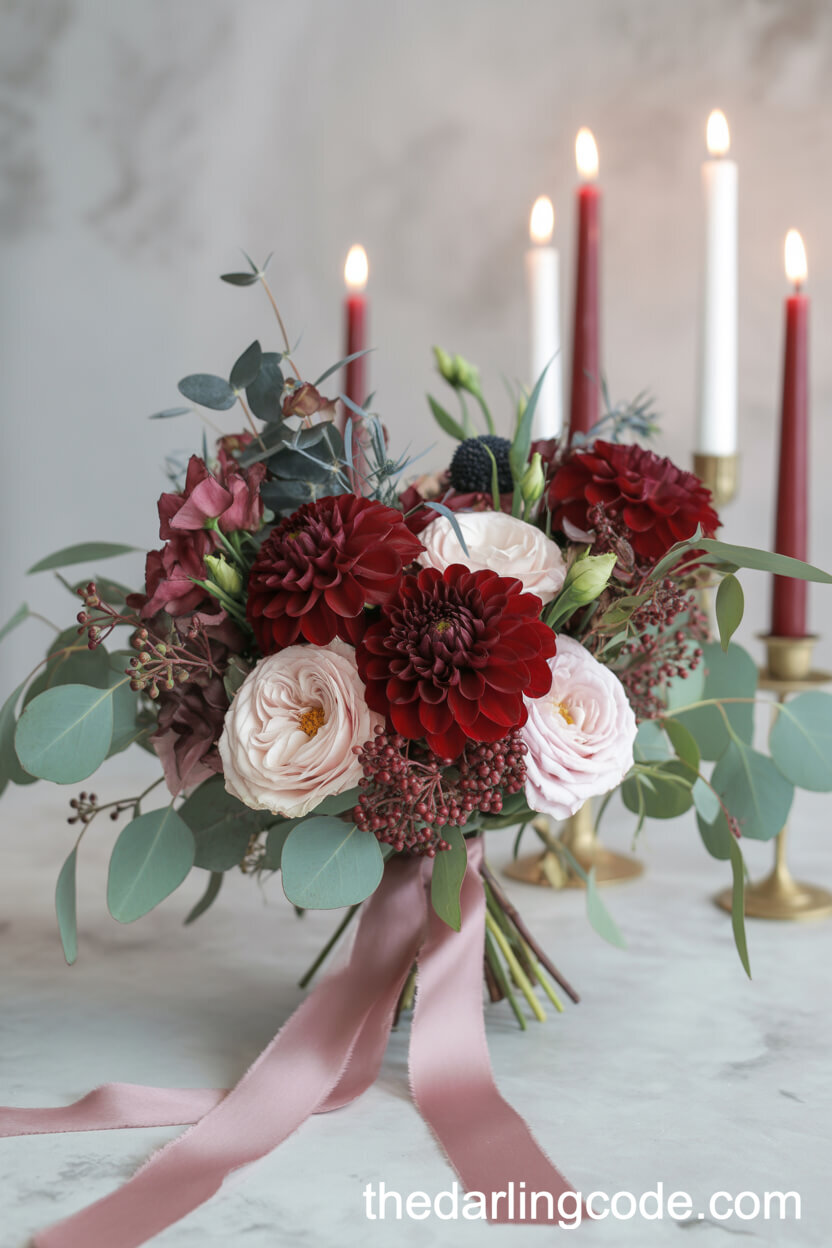 Dreamy Burgundy and Blush Winter Bouquet with Candlelight