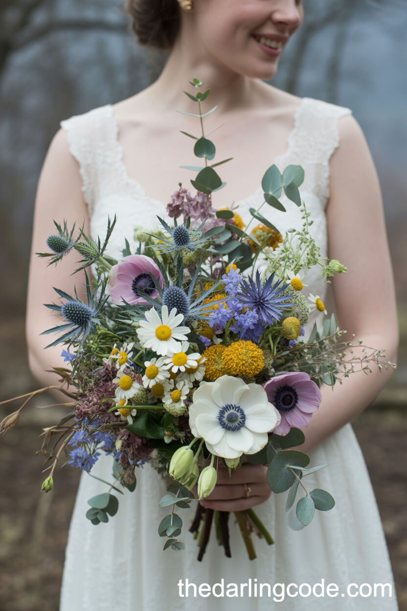 Colorful Winter Wildflower Bouquet for Vintage-Inspired Brides