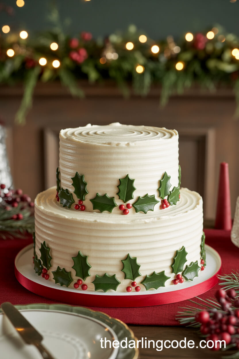 Traditional Holly-Adorned Winter Wedding Cake