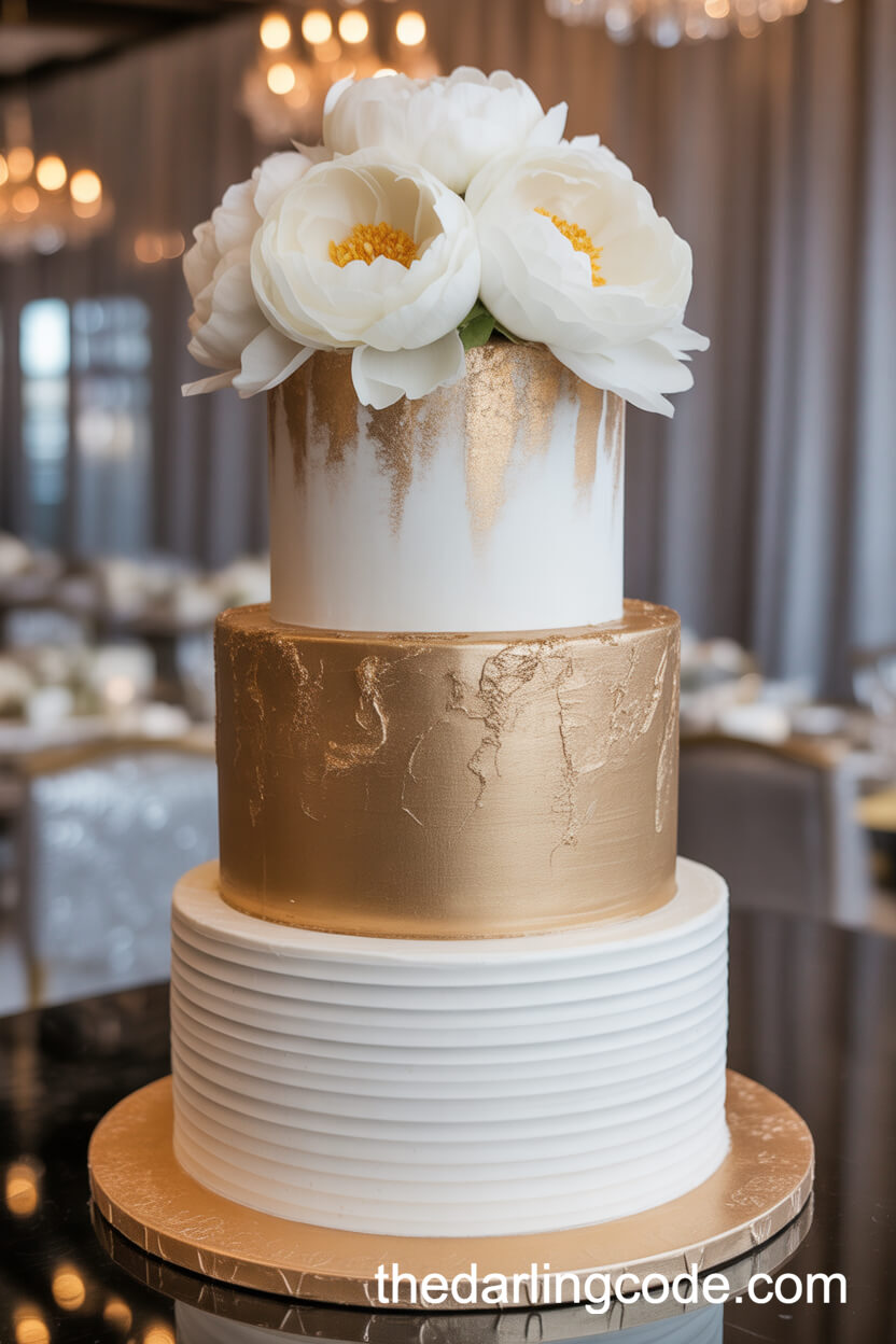 Luxurious White and Gold Leaf Cake with Winter Peonies