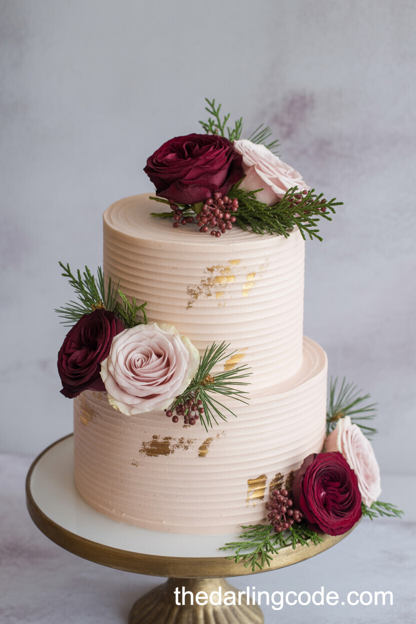 Romantic Blush and Burgundy Floral Cake with Gold Accents