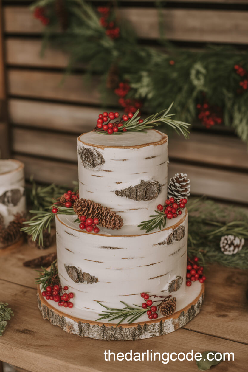 Birch Log-Inspired Cake with Berries and Pine Cones