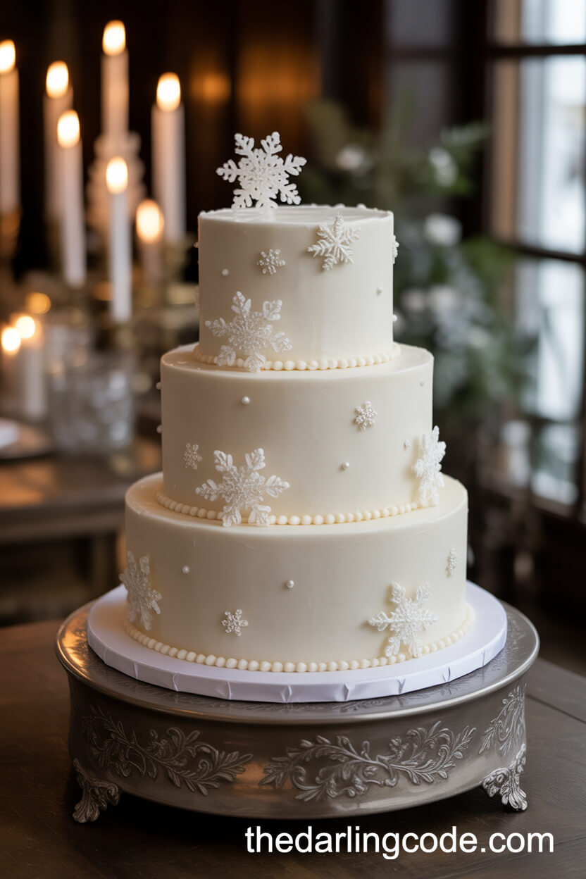 Classic Snowflake-Embellished White Wedding Cake