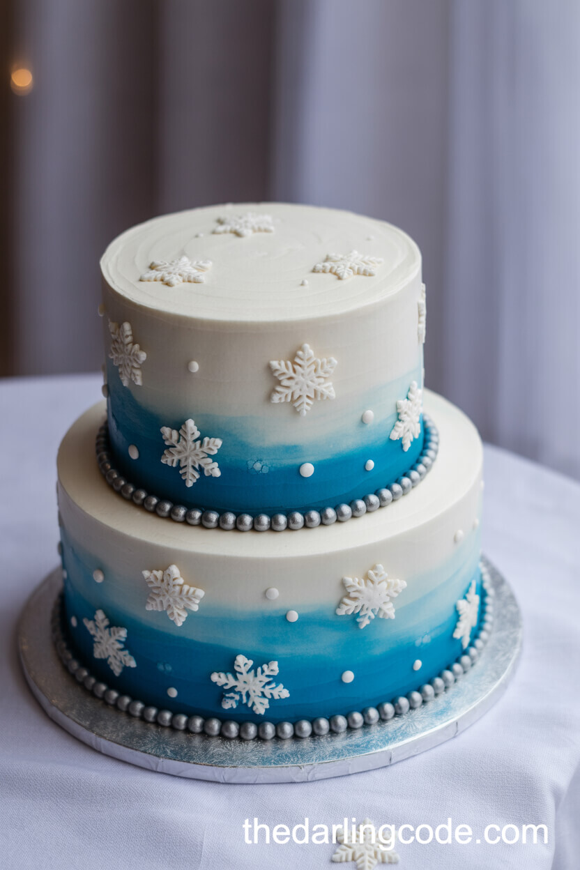 Blue Ombre Watercolor Cake with Silver and Snowflakes