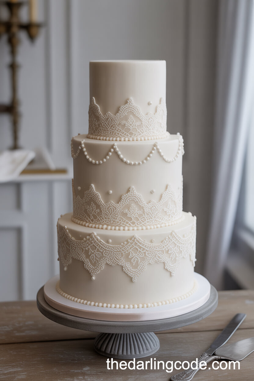 Lace-Detail White Cake with Vintage Silver Accents