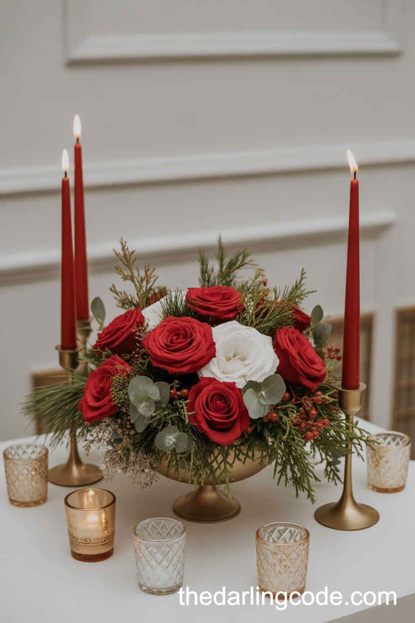 Classic Red Rose and Pine Green Winter Centerpiece