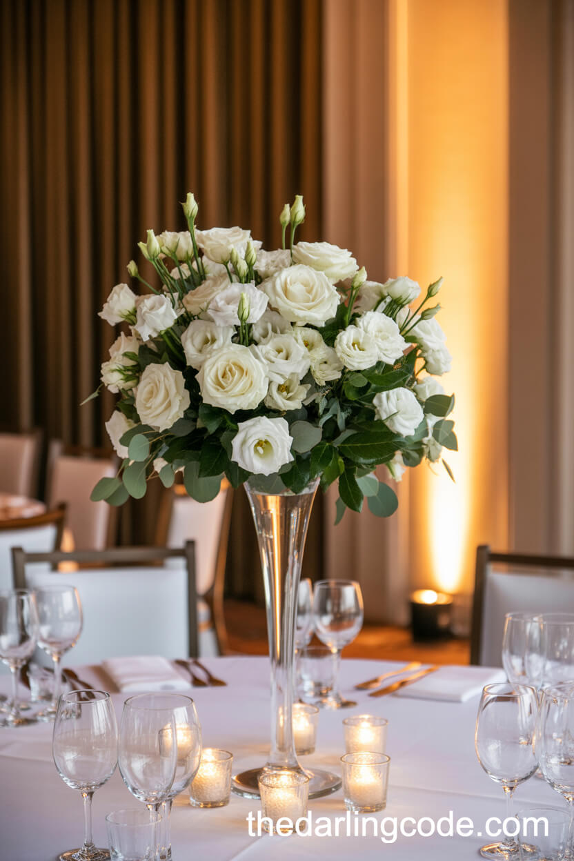 Timeless White Rose and Lisianthus in Crystal Vase