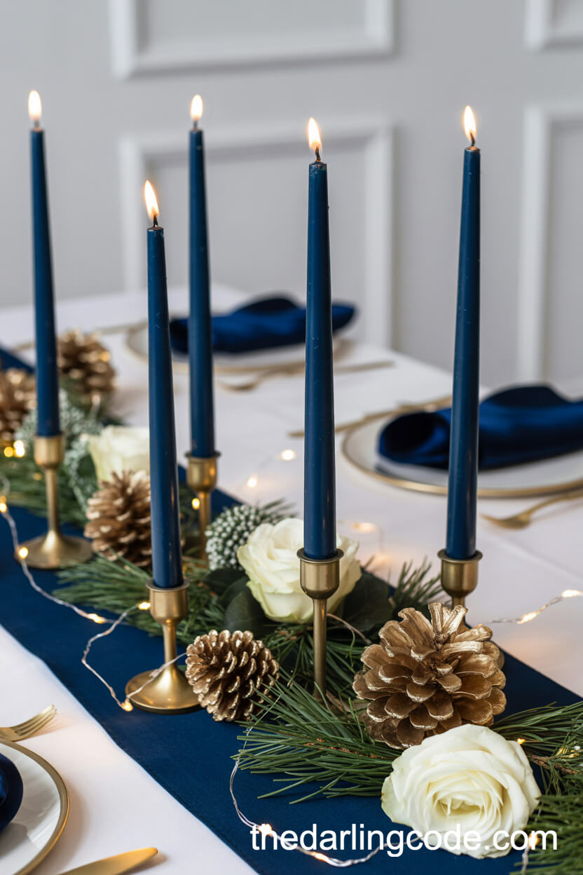 Modern Navy and Gold Pinecone Winter Centerpiece