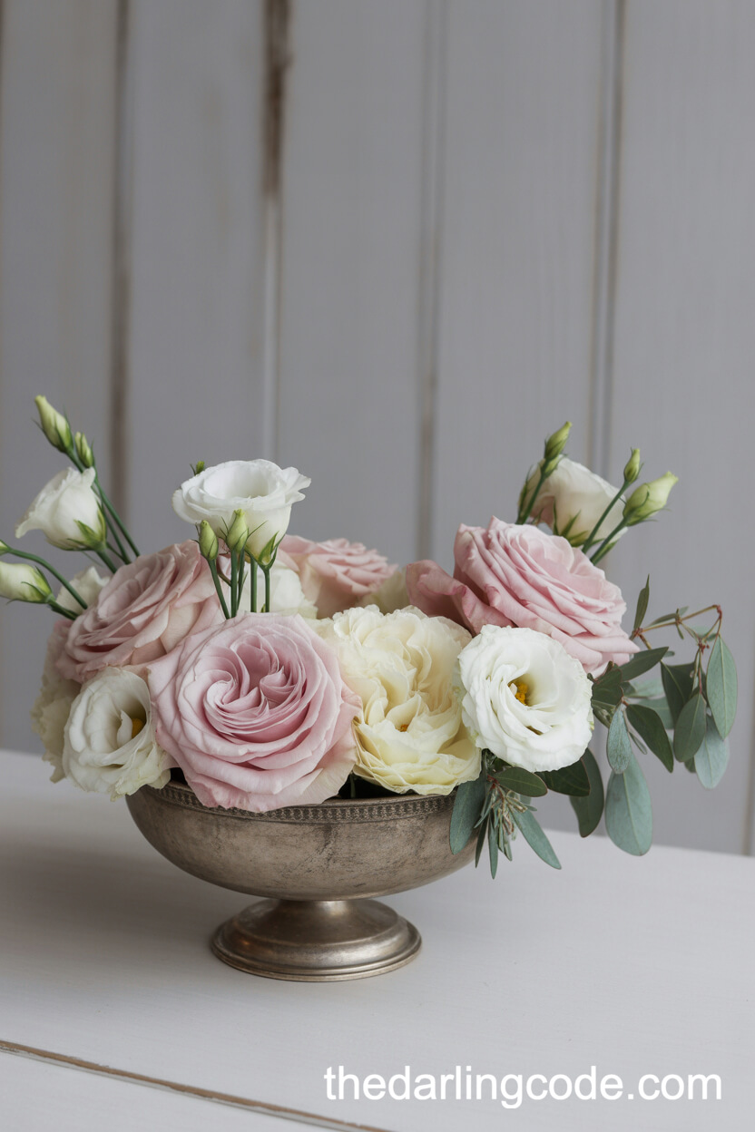 Soft Blush and Ivory Rose Winter Romance Centerpiece