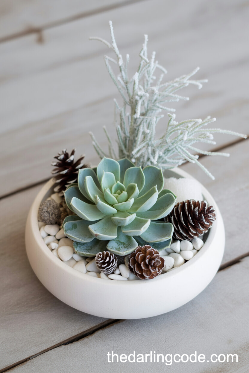 Unique Frosted Succulents and White Pebble Design
