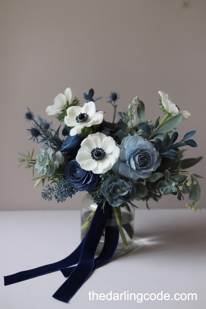 Elegant White Anemones and Blue Velvet Ribbon Arrangement