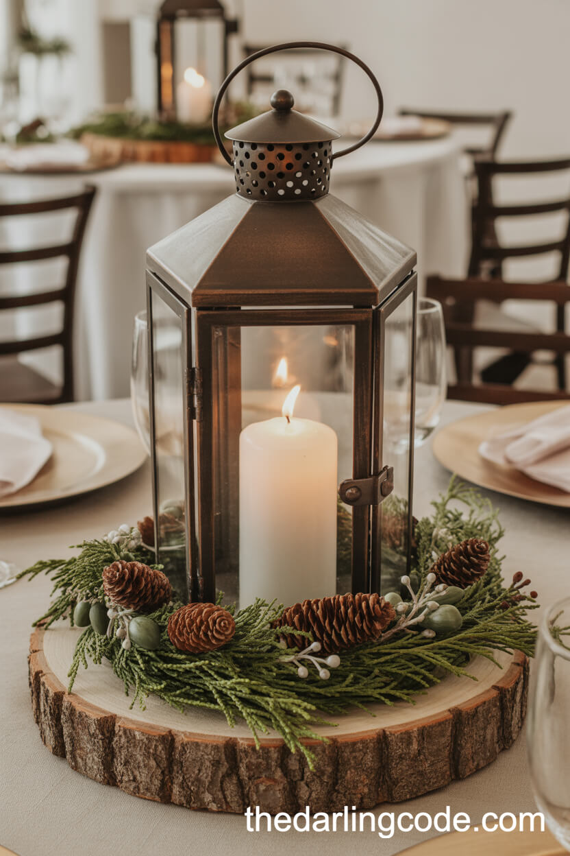 Rustic Lantern with Pinecone and Spruce Wreath