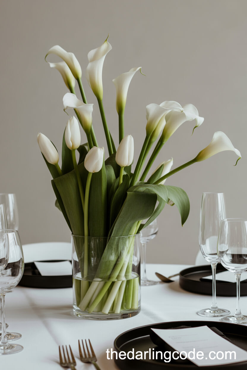 Sleek Minimalist Centerpiece with Calla Lilies and Tulips