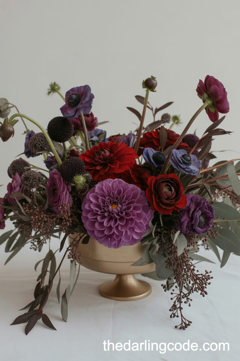 Moody Plum and Burgundy Floral Statement Centerpiece
