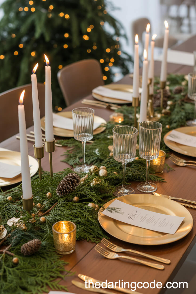 Evergreen and Gold: Sophisticated Winter Wedding Reception Table