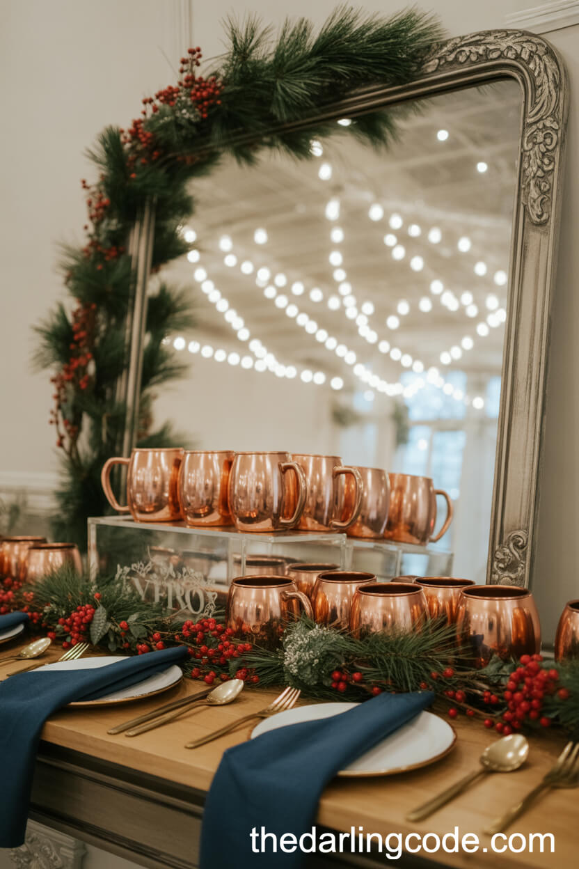 Copper and Midnight Blue: Chic Winter Wedding Bar Setup