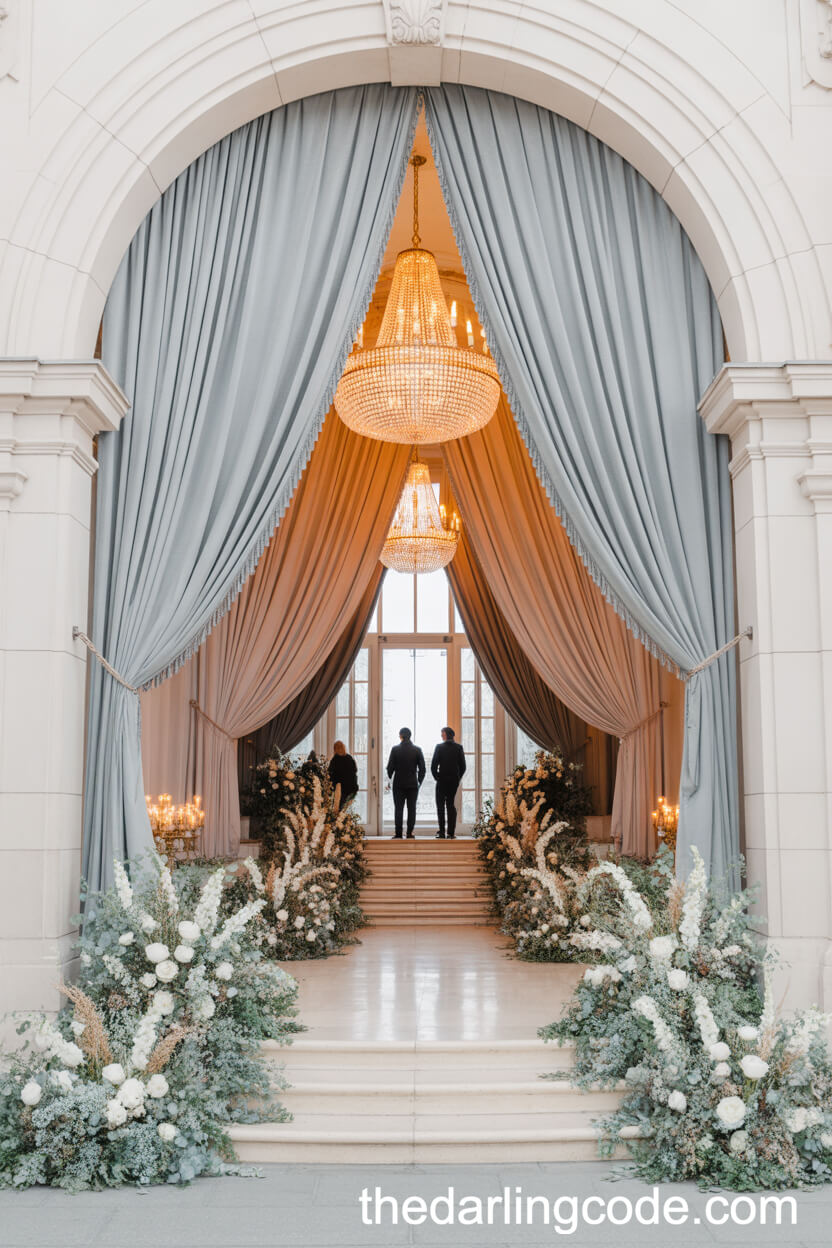 Soft Gray and Champagne: Opulent Winter Wedding Venue Entrance
