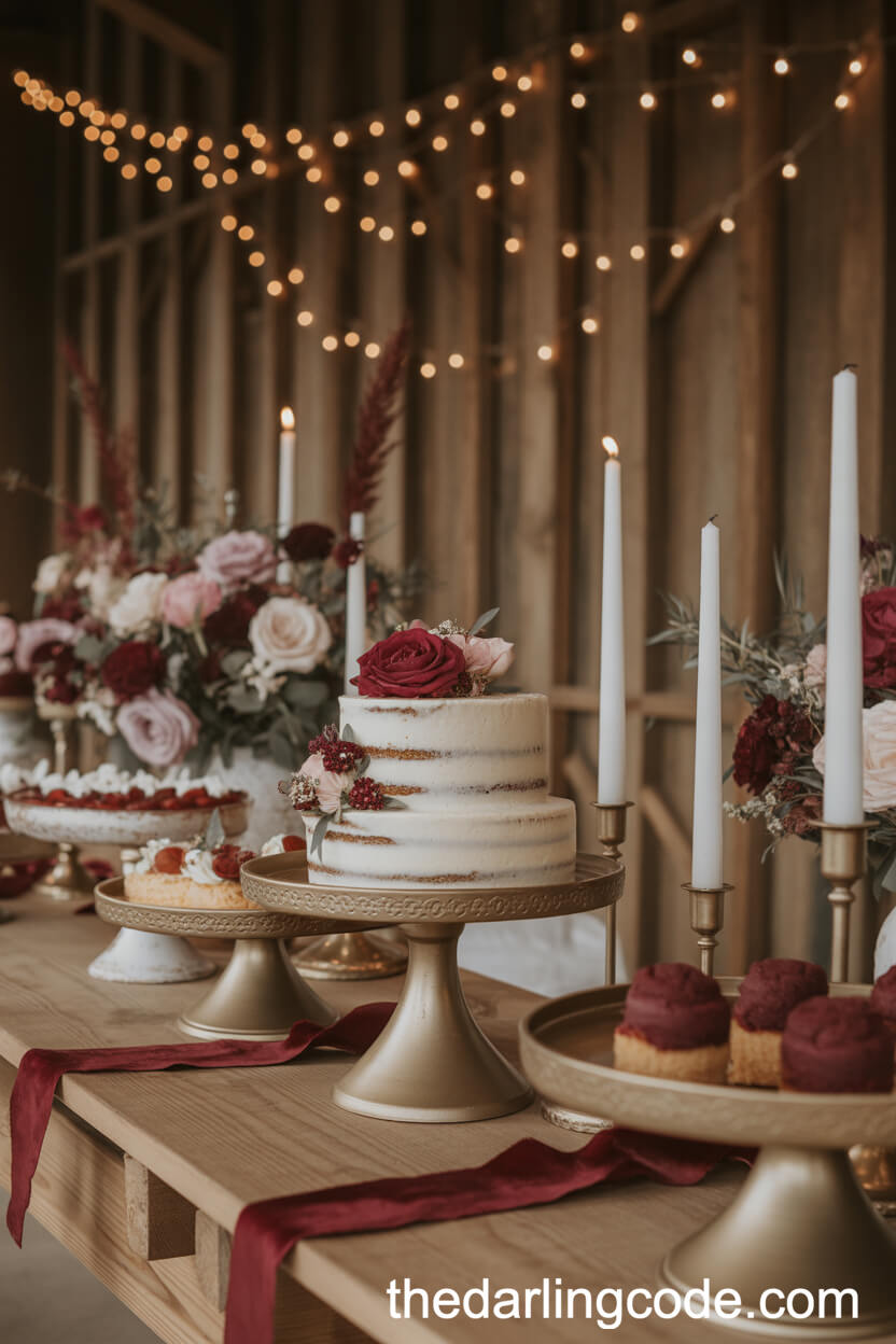 Burgundy and Blush Elegance: Rustic Barn Dessert Table