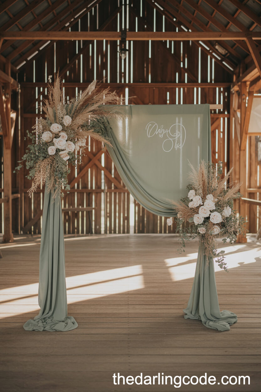 Sage and Ivory: Warm Barn Ceremony Setup