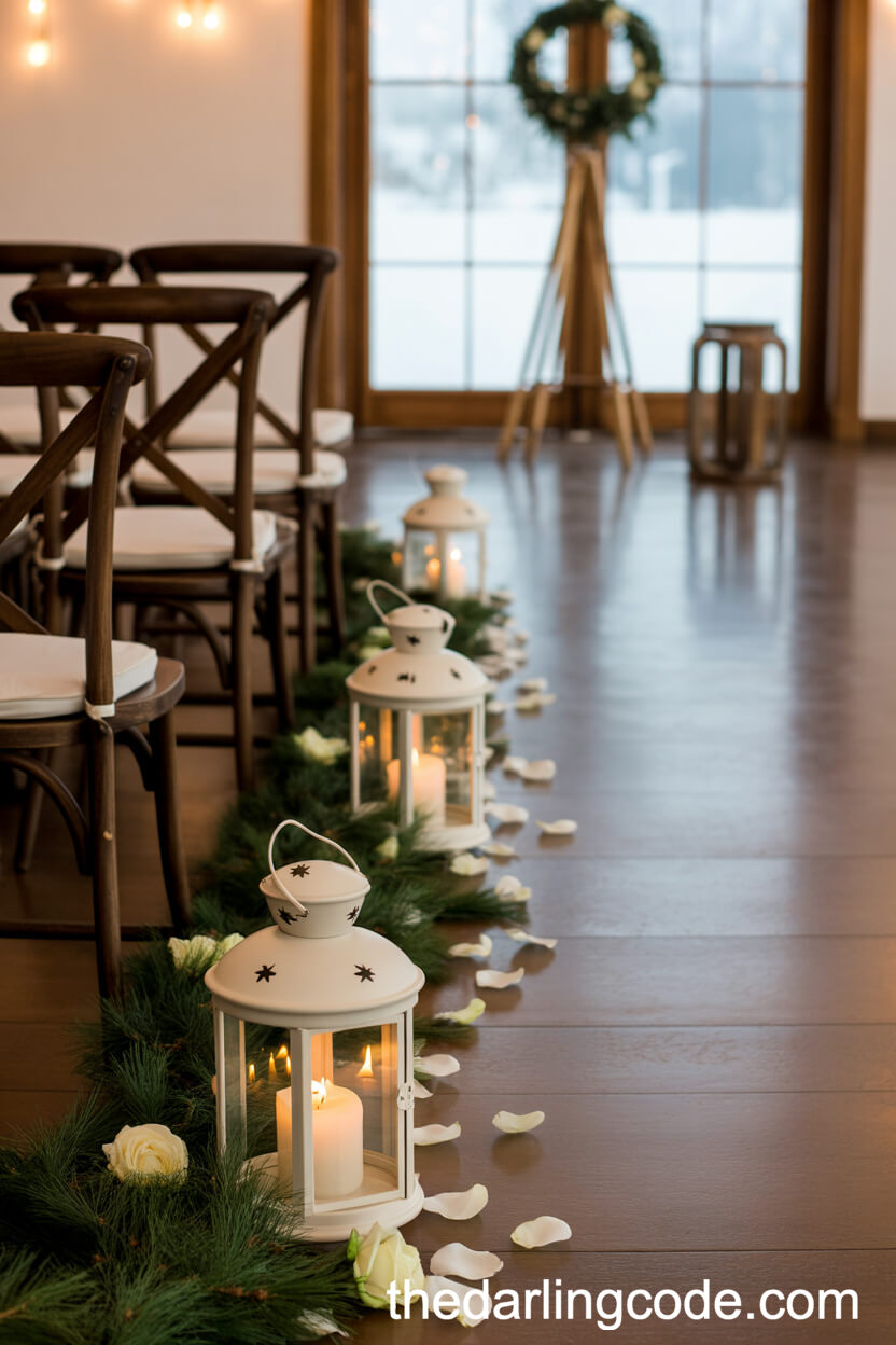 Classic Green and White: Pine-Lined Indoor Wedding Aisle
