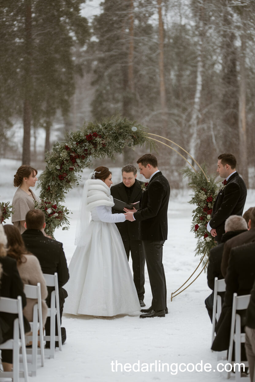 Outdoor Winter Wedding Ceremony with Snowfall