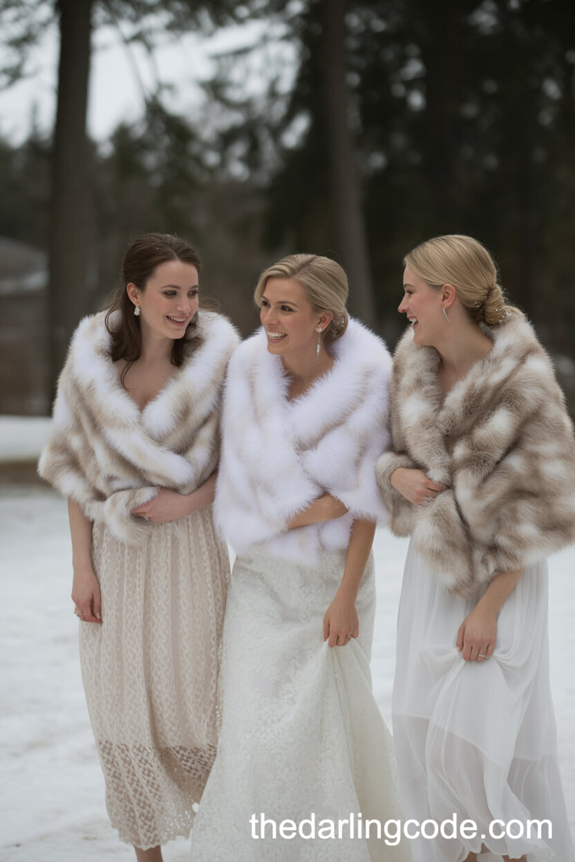 Bridal Party in Faux Fur Wraps Walking in Snow
