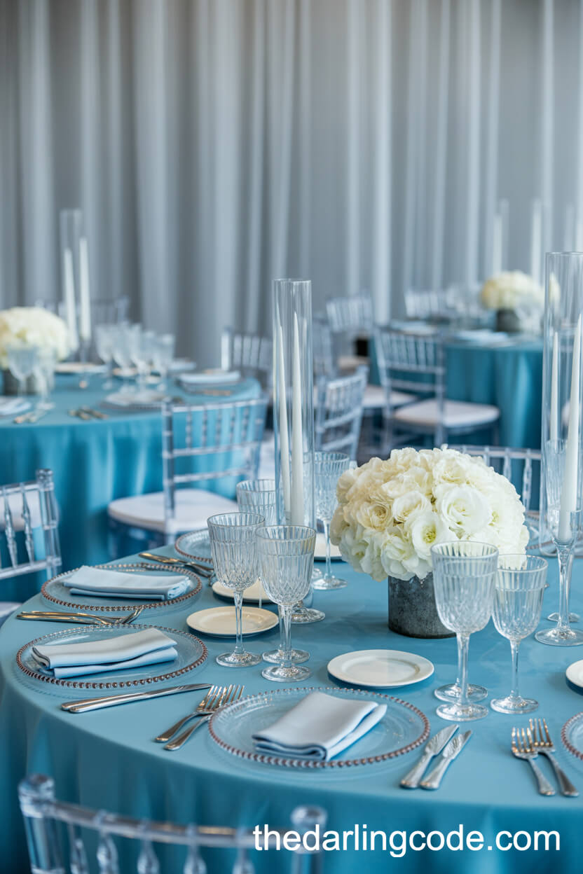 Elegant Ice Blue and Silver Reception Table Decor