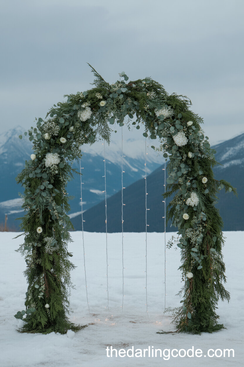 Evergreen and Flower Wedding Arch with Fairy Lights