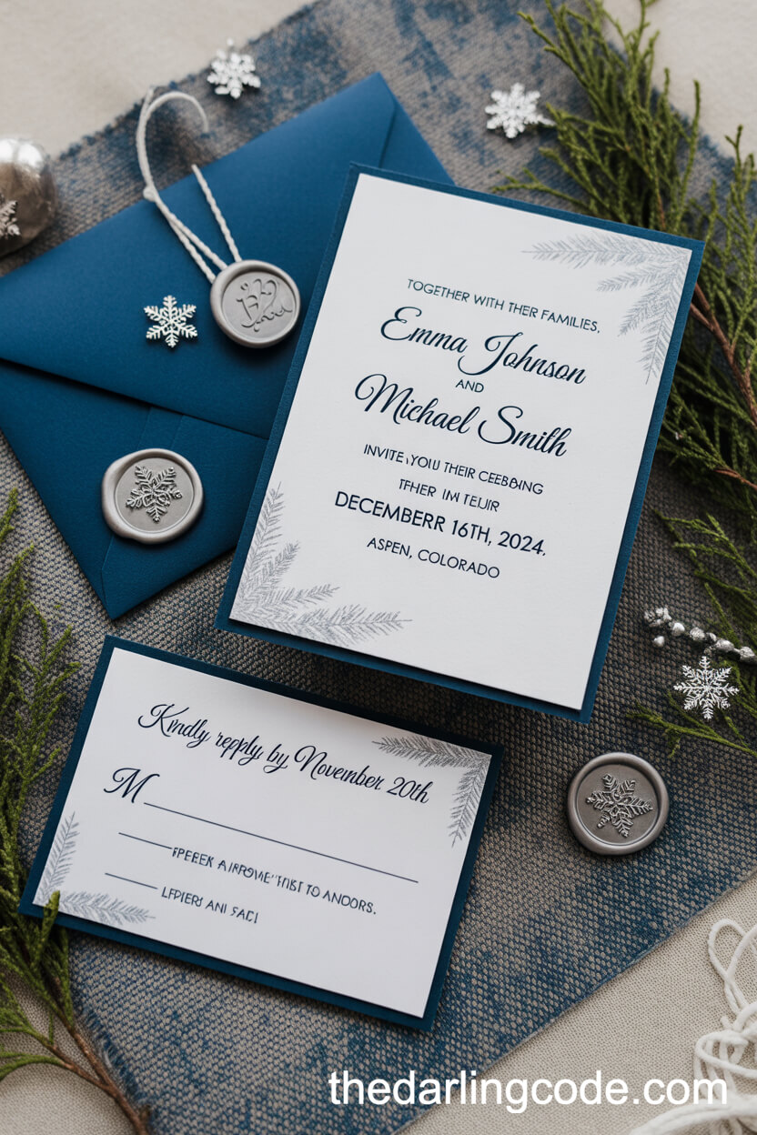 Navy and Silver Winter Wedding Invitation Flat Lay