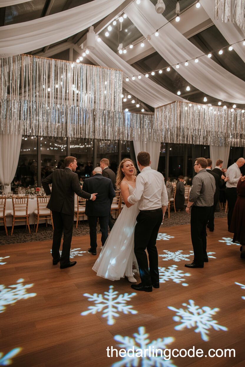 Winter-Inspired Dance Floor with Snowflake Lighting