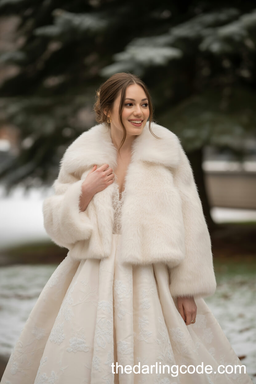 Bride in a Dramatic White Winter Coat