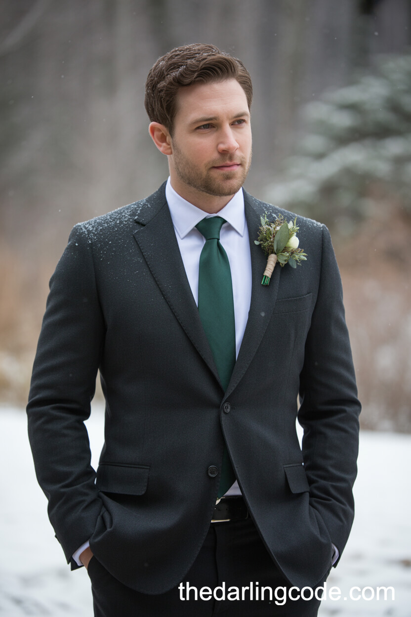 Groom in Charcoal Wool Suit with Winter Details