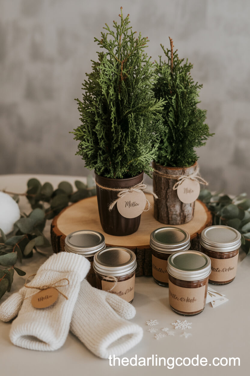 Wintery Wedding Favors Table with Hot Cocoa and Mittens
