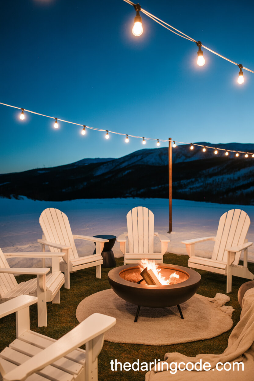 Outdoor Lounge Area with Fire Pit and Blankets