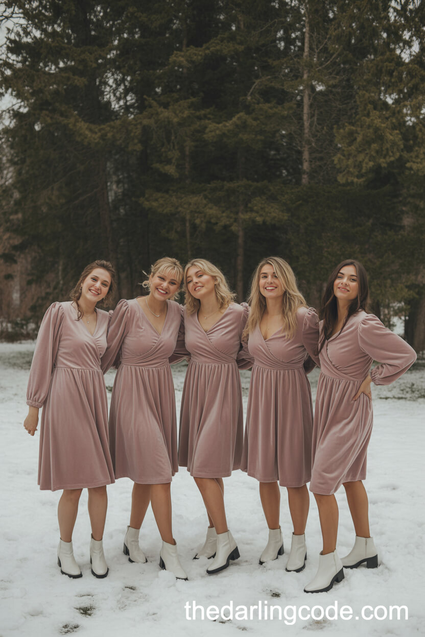 Bridesmaids in Pastel Velvet Dresses and Ankle Boots