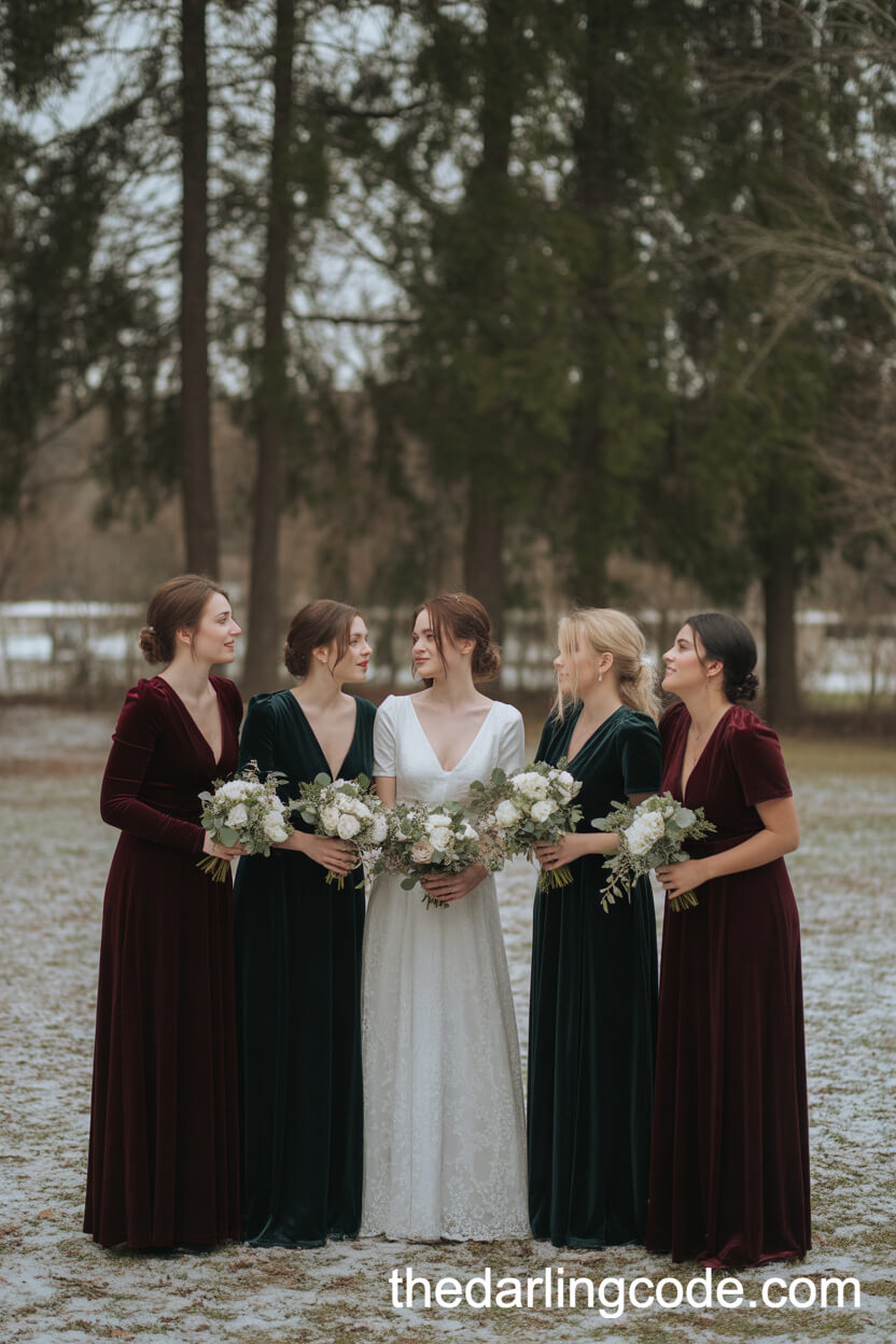 Bridesmaids in Burgundy and Green Velvet Dresses