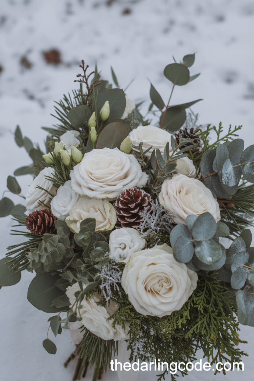 White Winter Bridal Bouquet with Pinecones and Eucalyptus