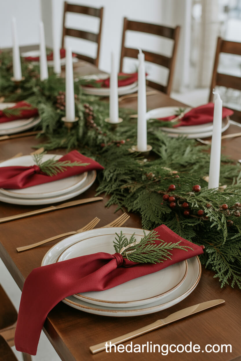 Cranberry Napkins and Evergreen Centerpieces
