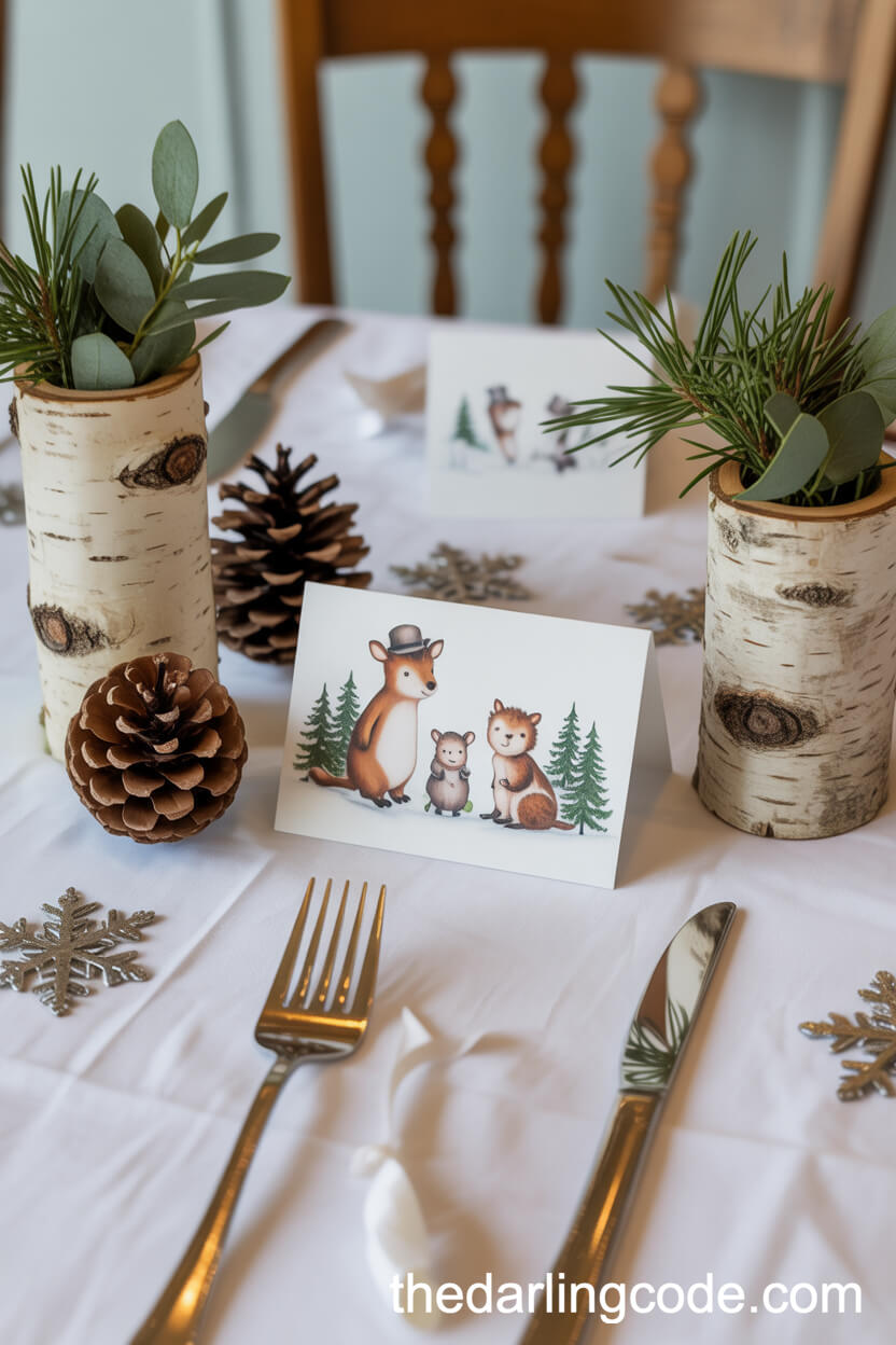 Playful Woodland Animal Place Cards and Birch Vases