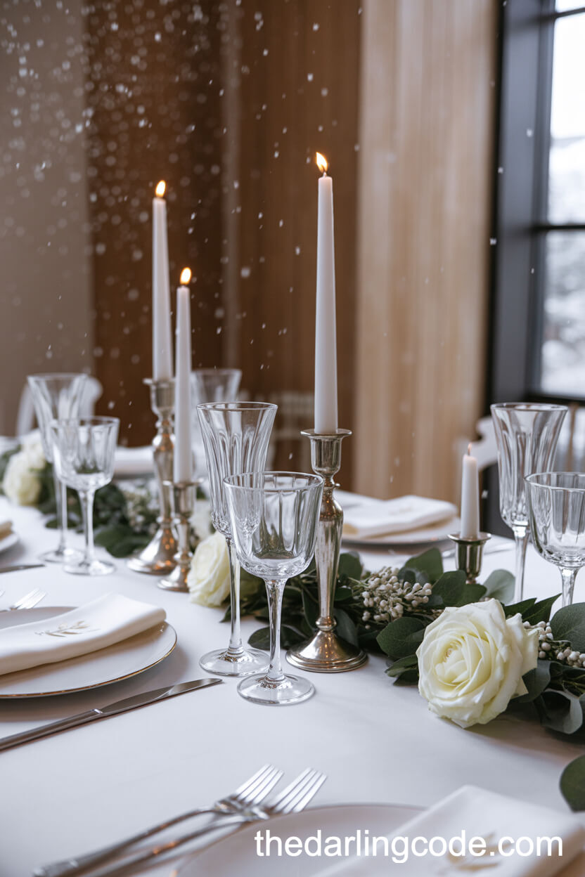 Chic White and Crystal Indoor Winter Tablescape