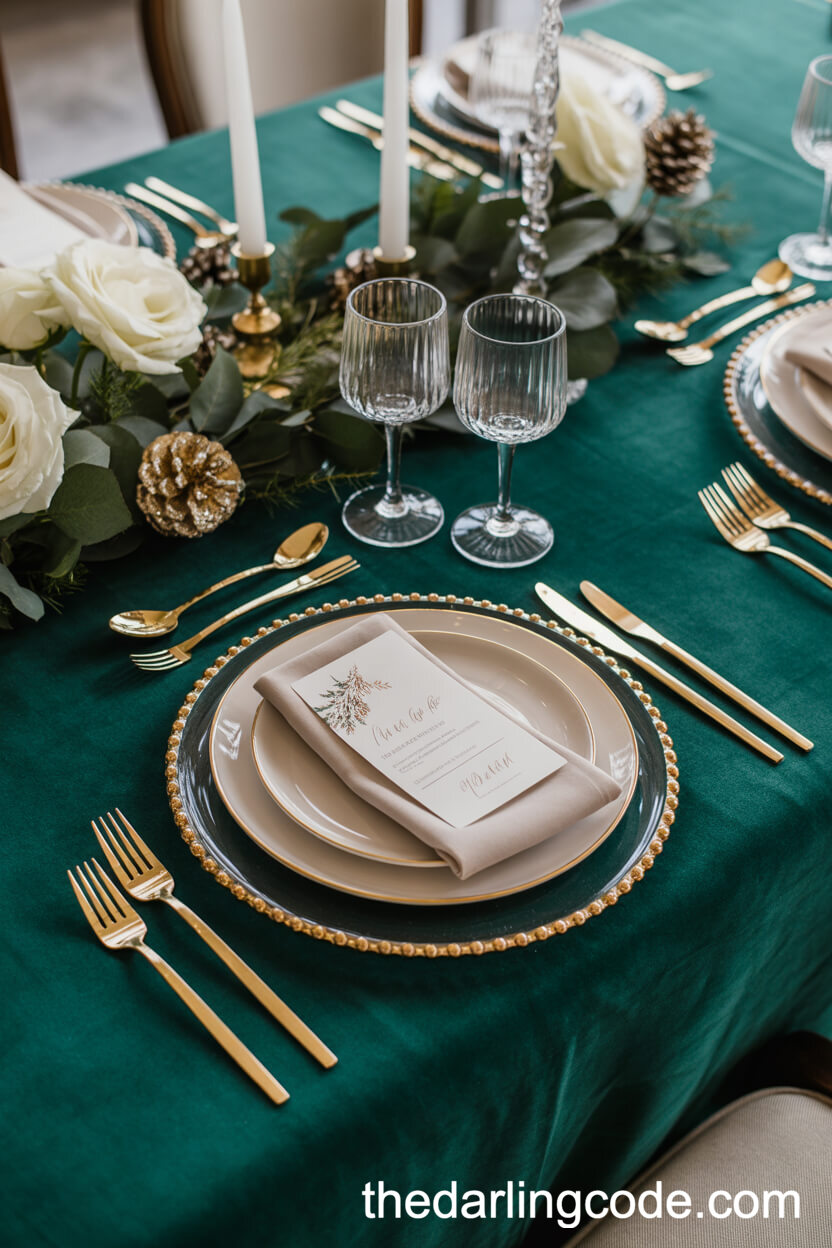 Elegant Green Velvet and Gold Table Decor
