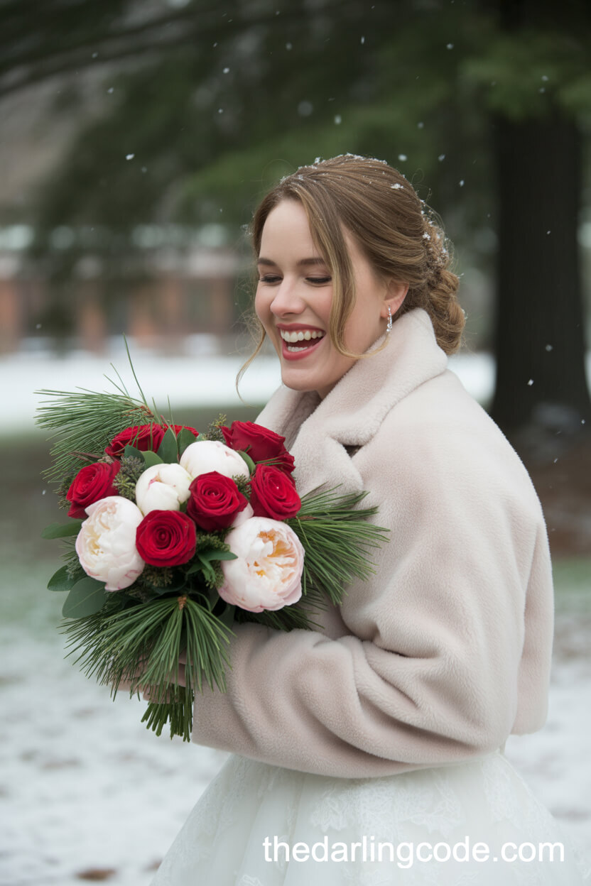Classic Red Roses, White Peonies, and Pine Sprigs Christmas Bouquet