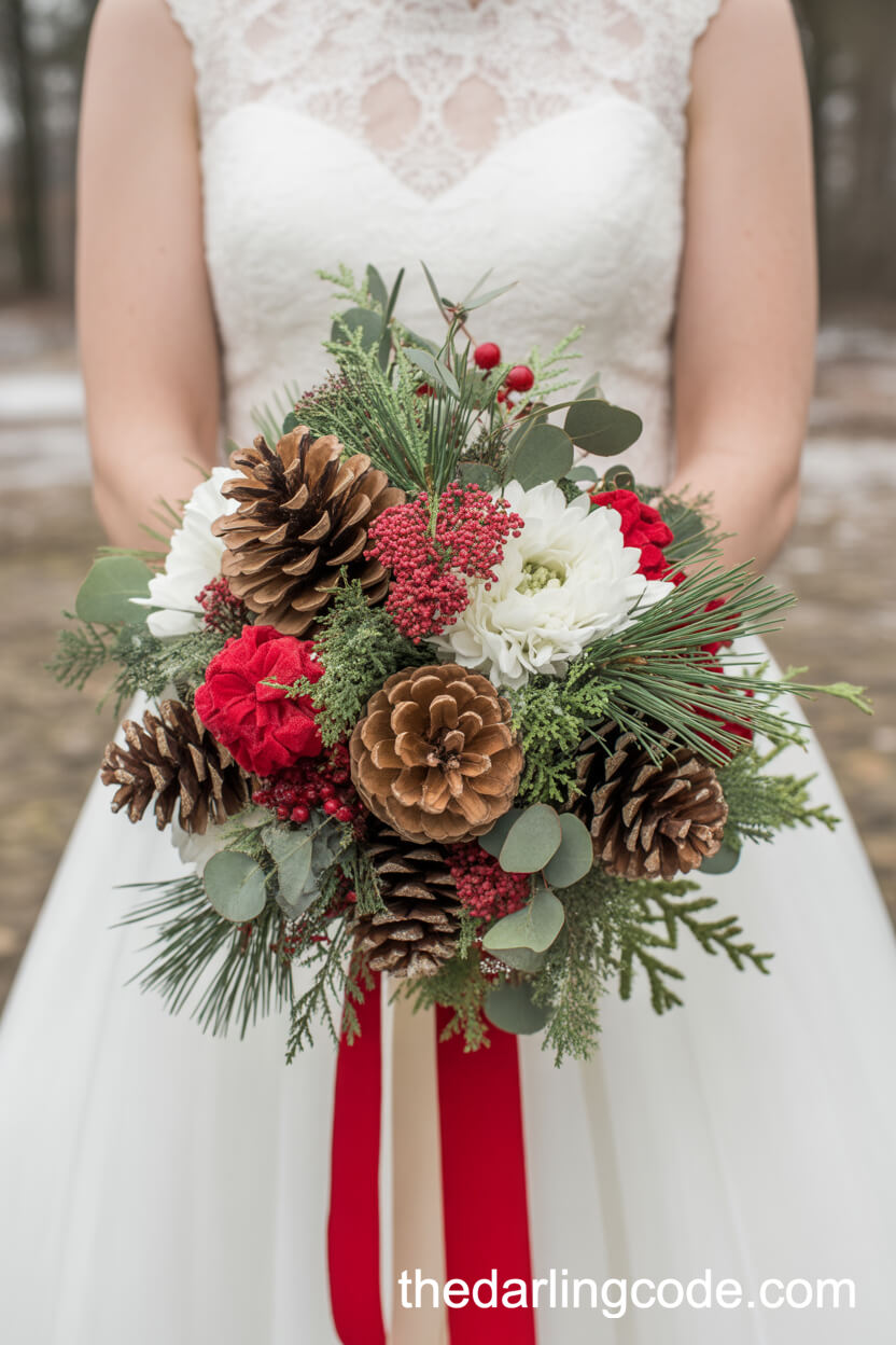 Christmas Bouquet Featuring Pinecones, Red Ribbons, and White Florals