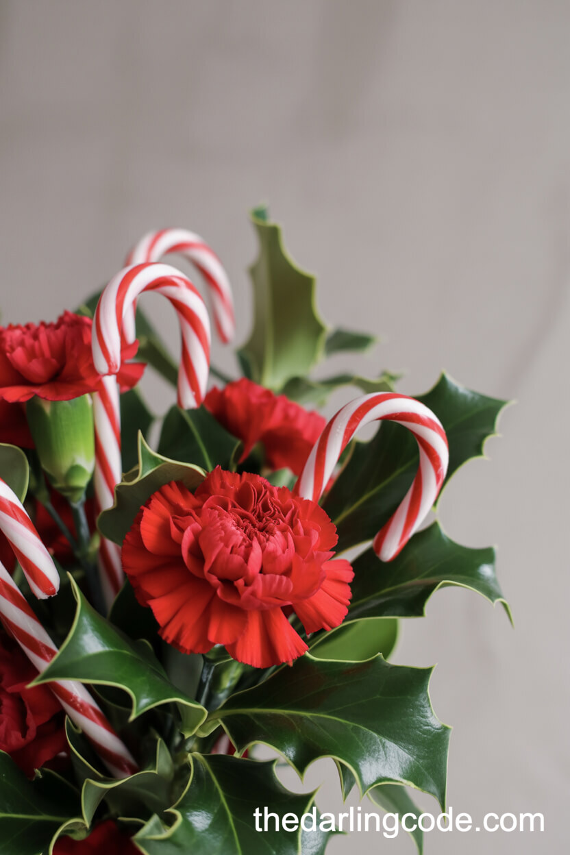 Holiday-Themed Bouquet with Mini Candy Canes and Red Carnations