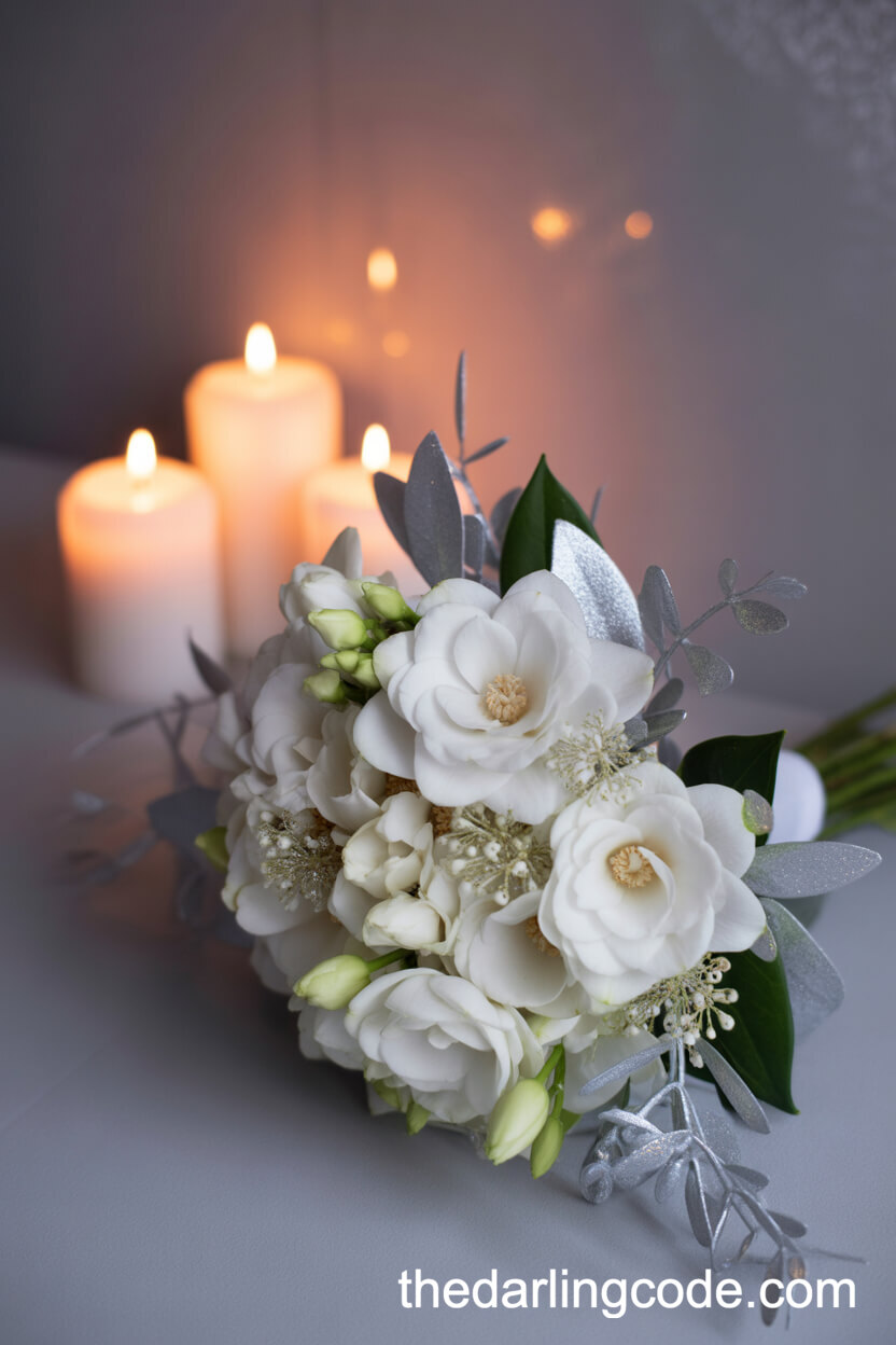 White Gardenias and Silver Leaves Christmas Candlelight Bouquet