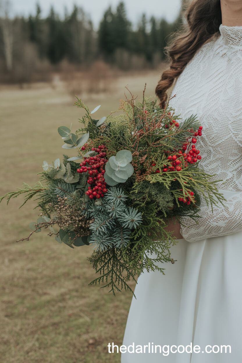 Red Winter Berries Evergreen Bridal Bouquet