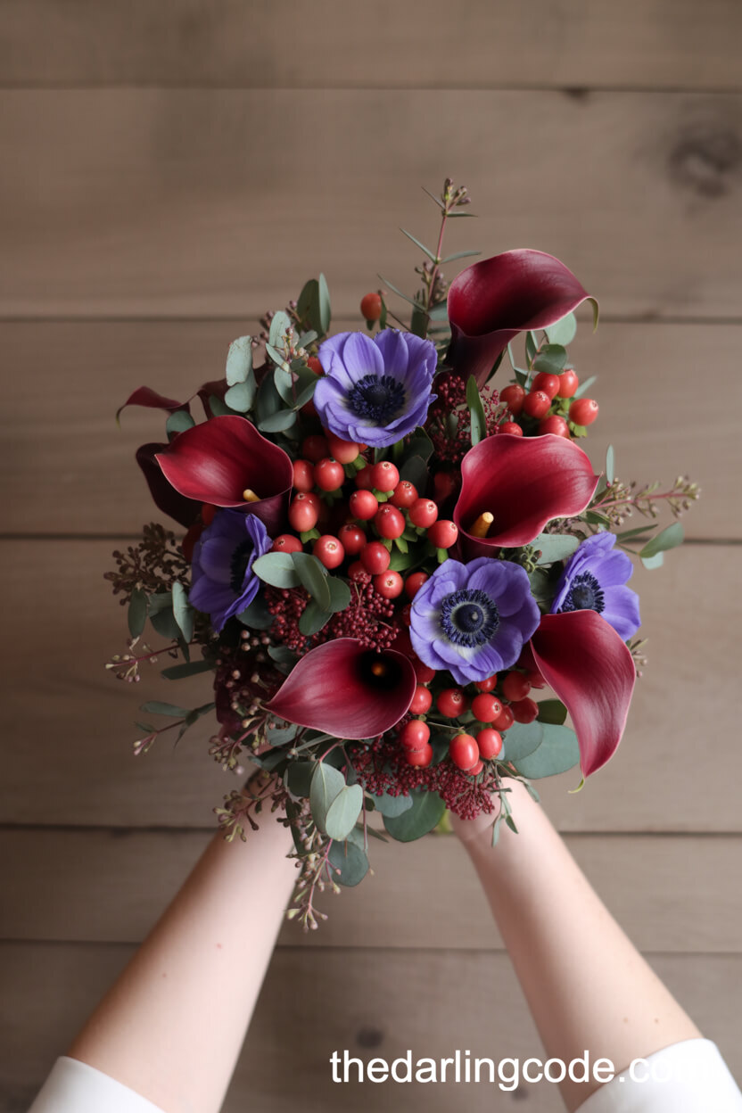 Dramatic Bouquet with Cranberries, Red Calla Lilies, and Purple Anemones
