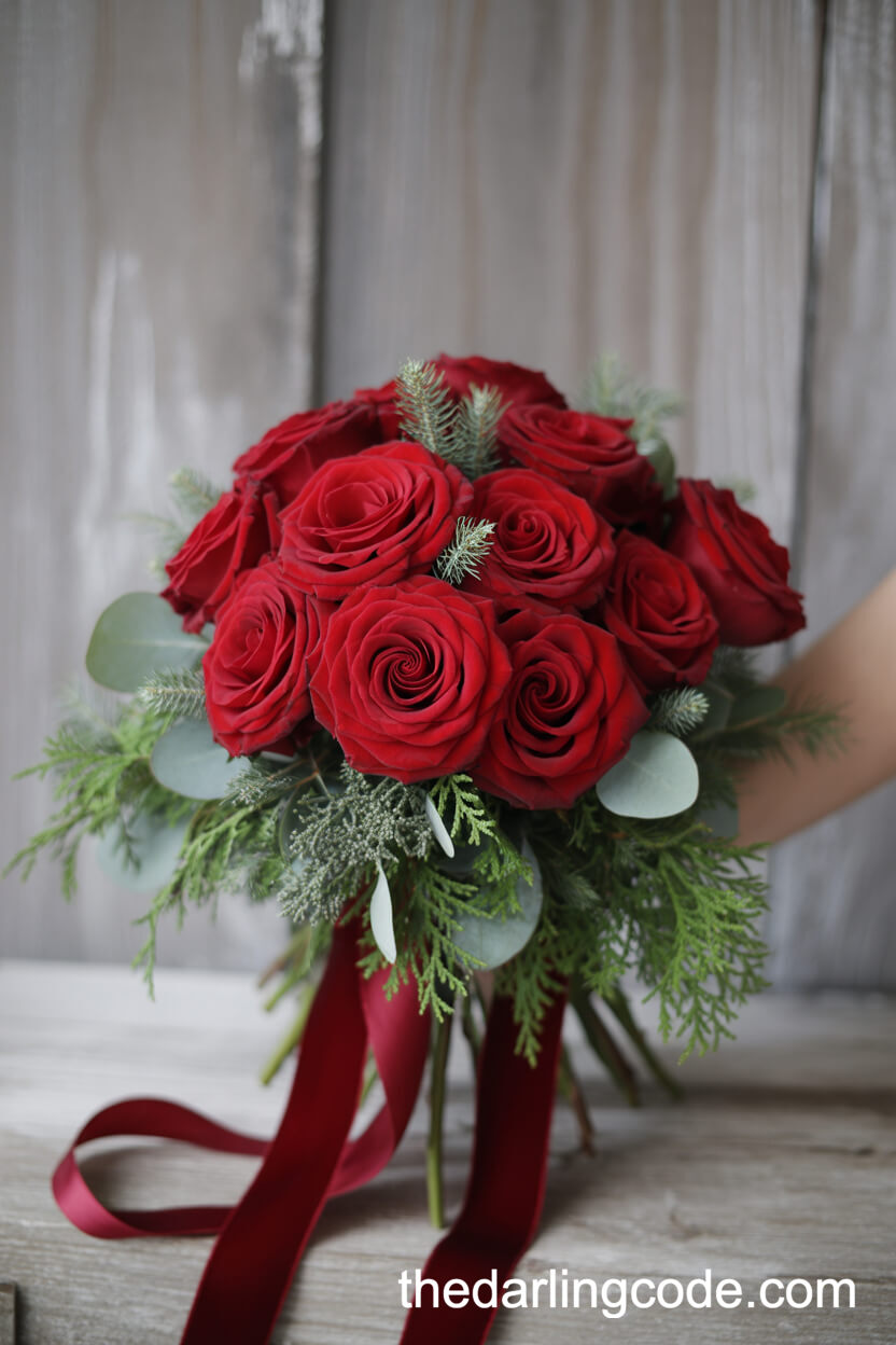 Romantic Red Roses with Velvet Ribbons and Evergreen Bouquet